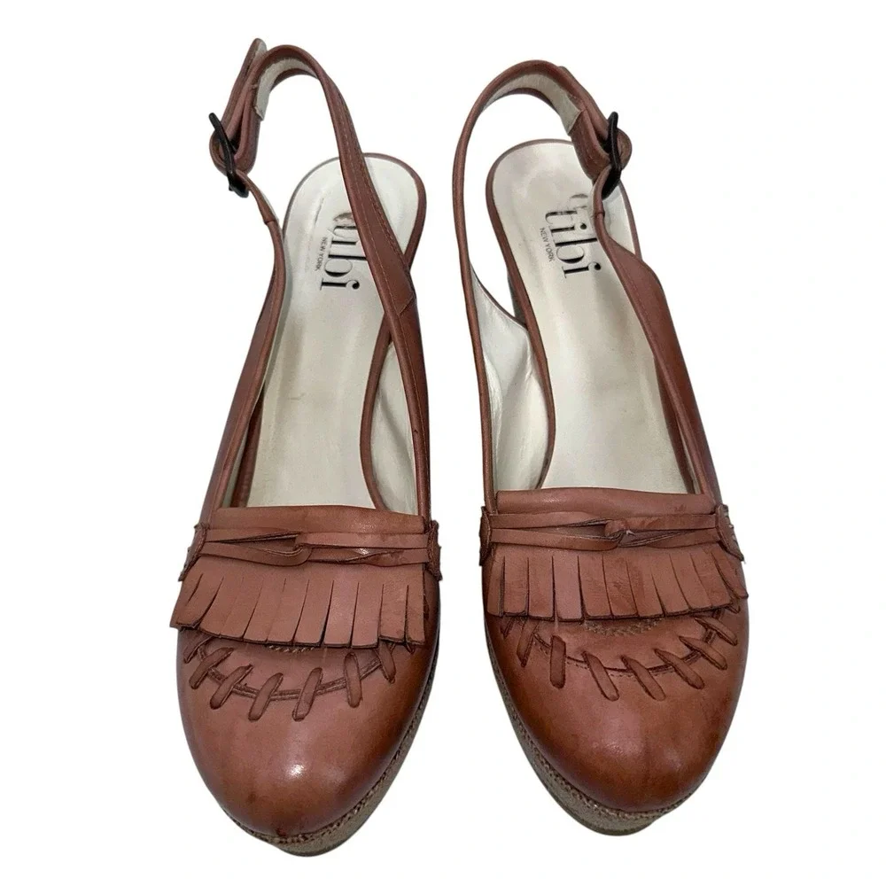Tibi‎ NYC Tan Leather Burlap Wedge Platform Sandals Size 38.5 Womens 8